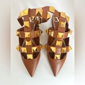 New Valentino Garavani Brown Leather Roman Rockstud Pointed Toe Flats Size 35